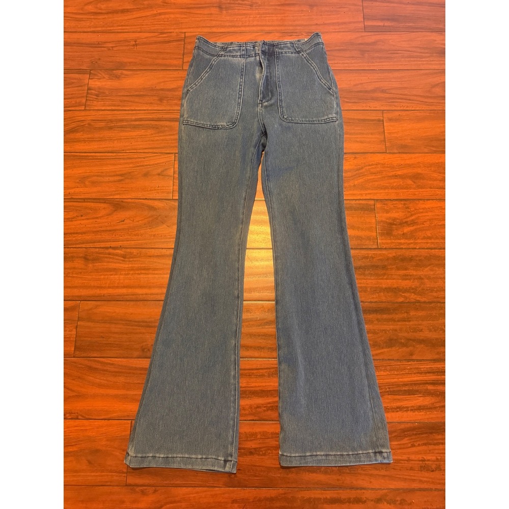 Pilcro and the Letterpress High Rise Flare Jeans Blue Patch Pocket Size 4